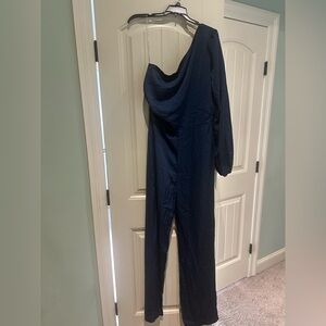 Satin Navy Blue Fashion Nova one sleeve Jumpsuit